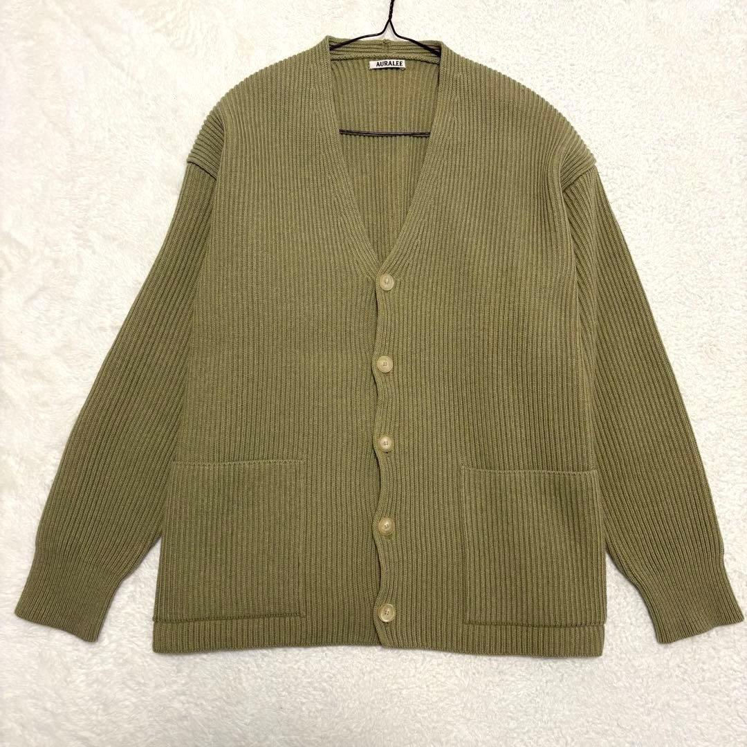 美品 AURALEE リブニットビッグカーディガン L オリーブグリーン