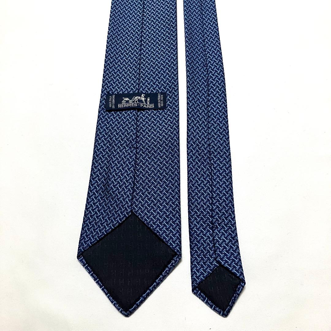 良品 HERMES エルメス ネクタイ H柄 総柄 ブルー系 シルク100%