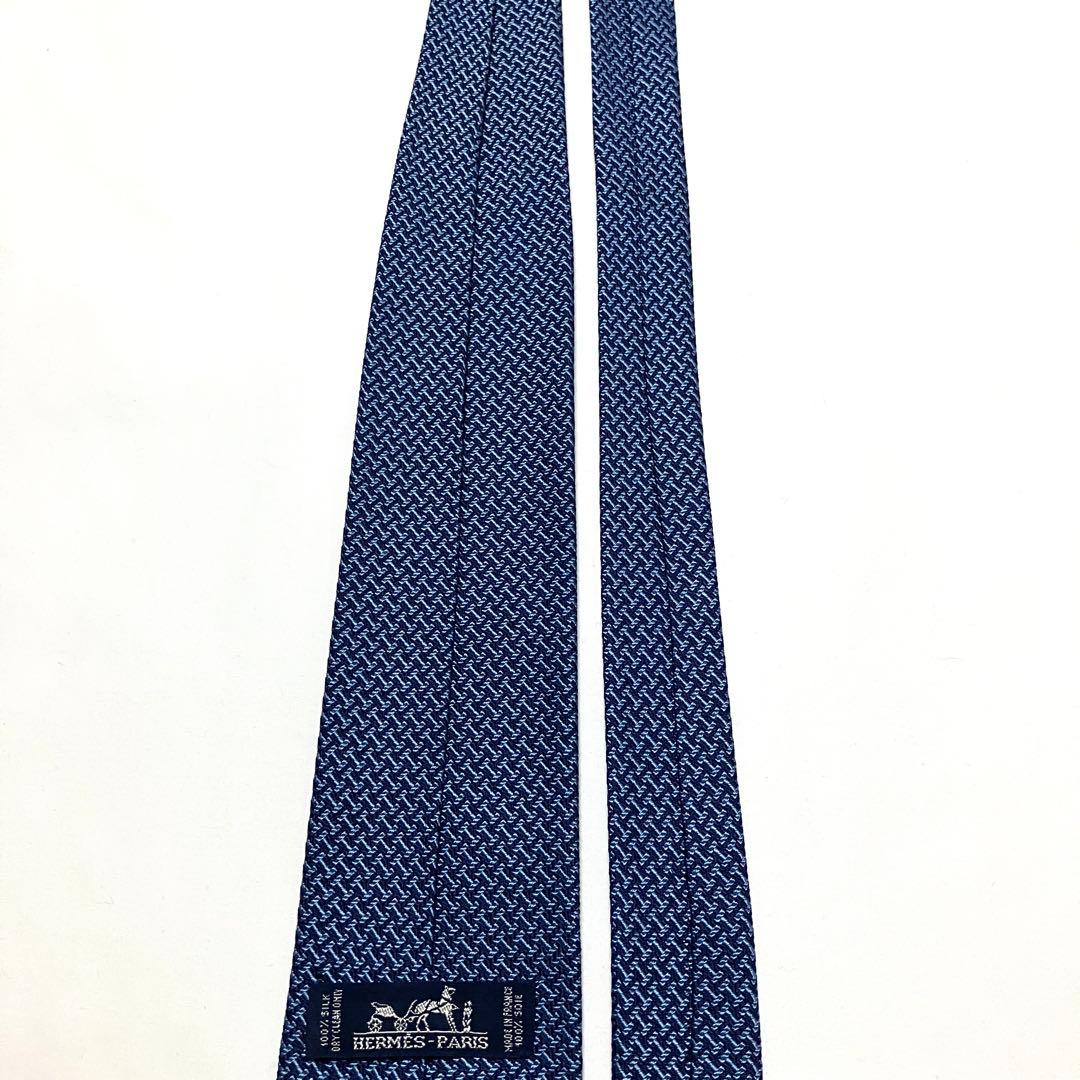 良品 HERMES エルメス ネクタイ H柄 総柄 ブルー系 シルク100%