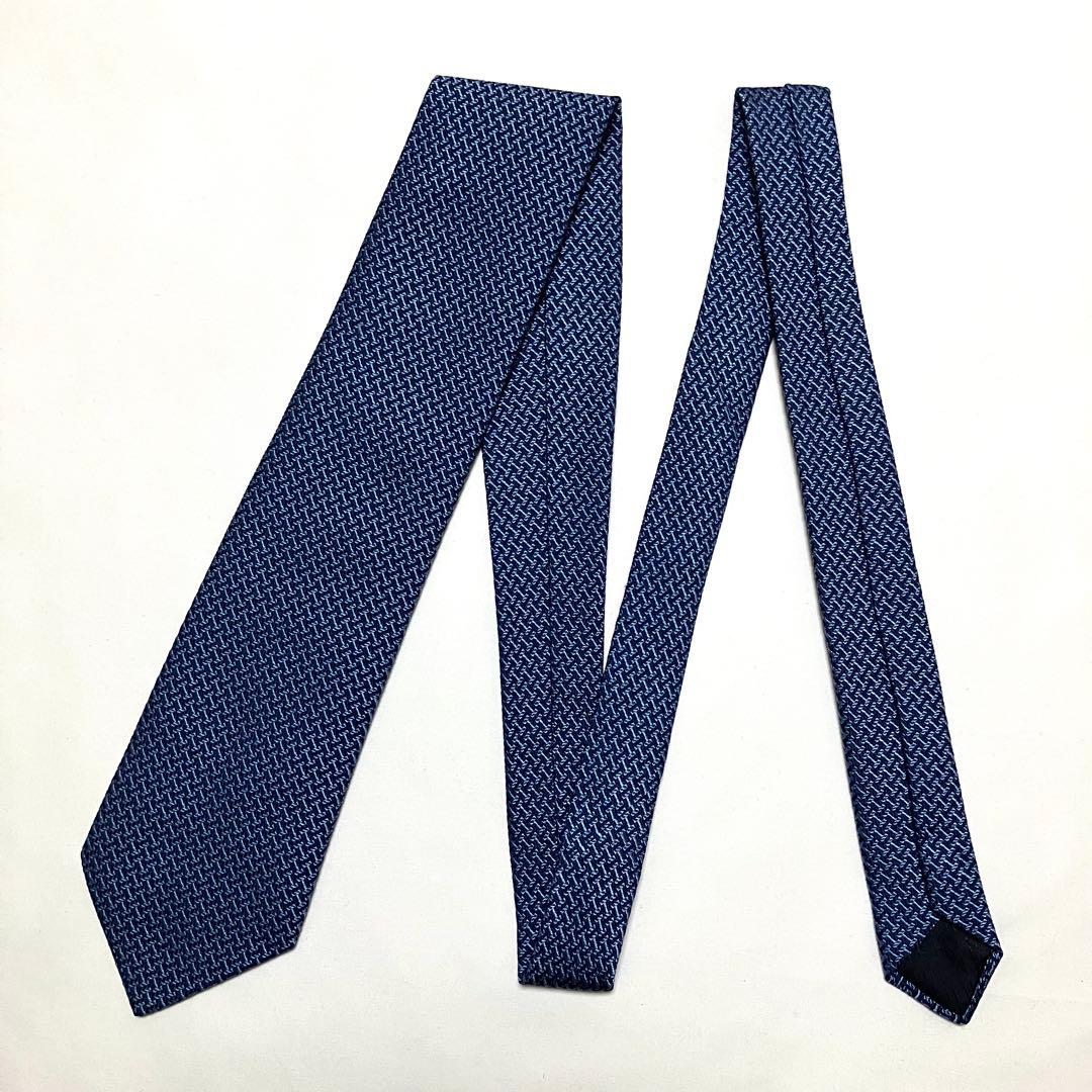 良品 HERMES エルメス ネクタイ H柄 総柄 ブルー系 シルク100%