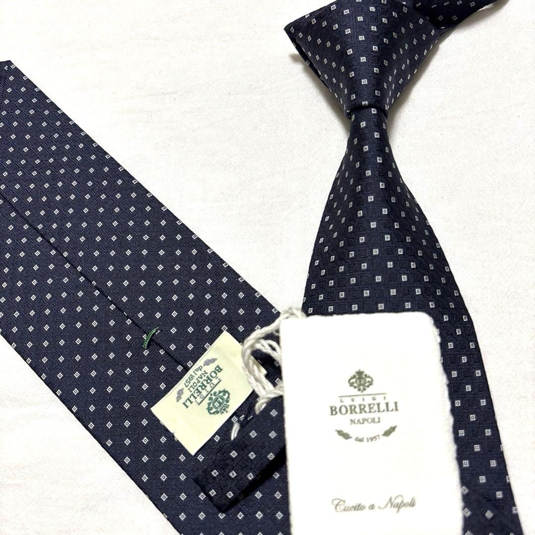 新品未使用　ルイジボレッリ　ネクタイ　ダークネイビー　小紋柄　タグ付