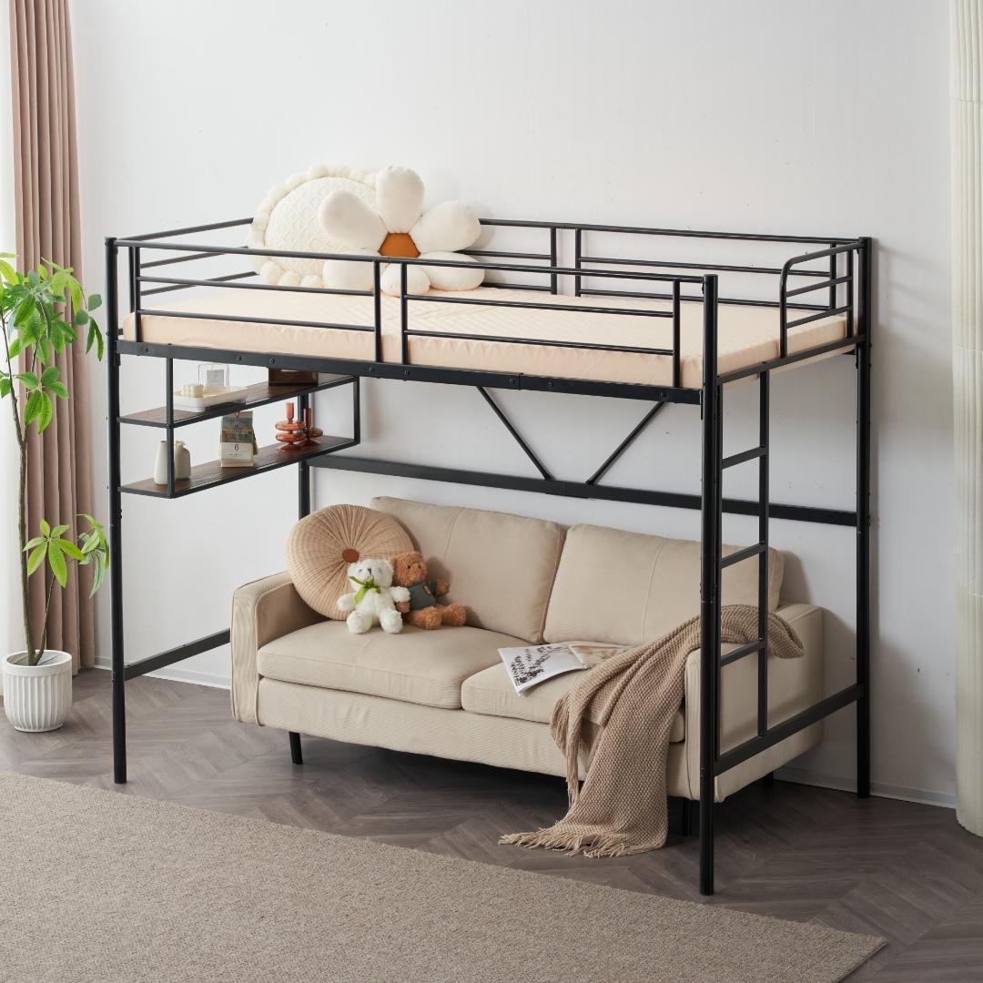 ロフトベッド サイド棚付き シングルベッド 木 収納子供部屋スチール 耐震