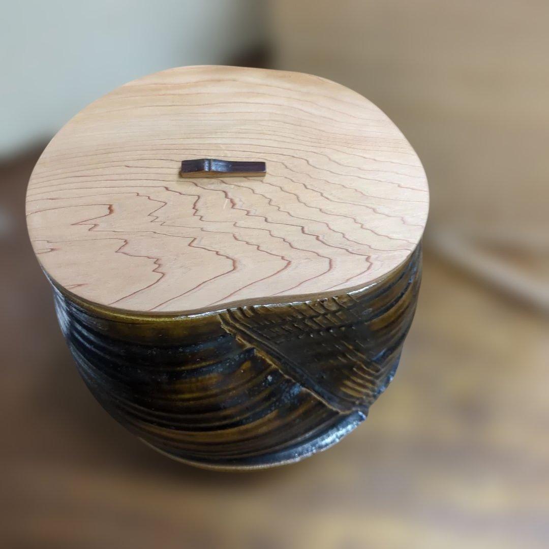 水指　木製蓋付き 瀬戸　水野双鶴　茶道具　茶道　陶器　木箱大振り