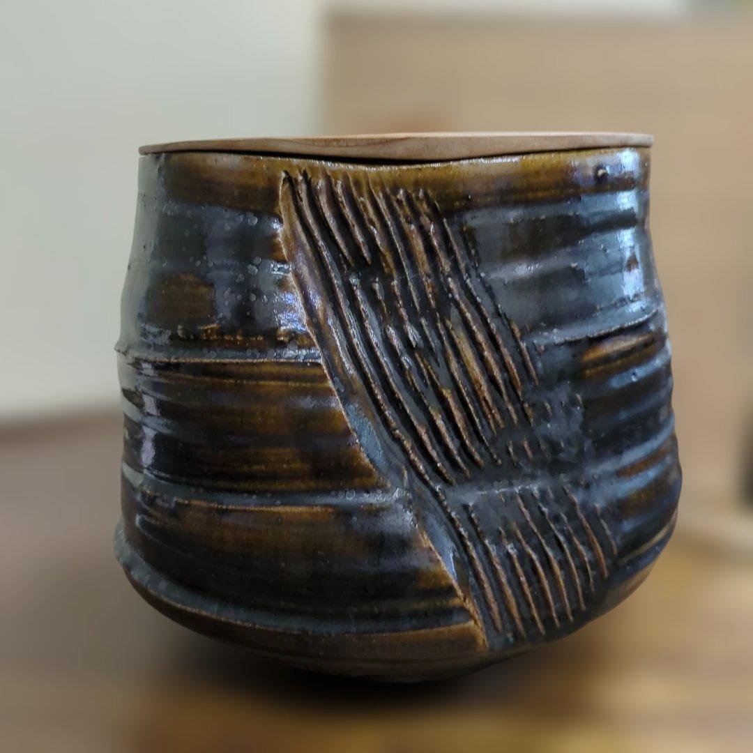 水指　木製蓋付き 瀬戸　水野双鶴　茶道具　茶道　陶器　木箱大振り