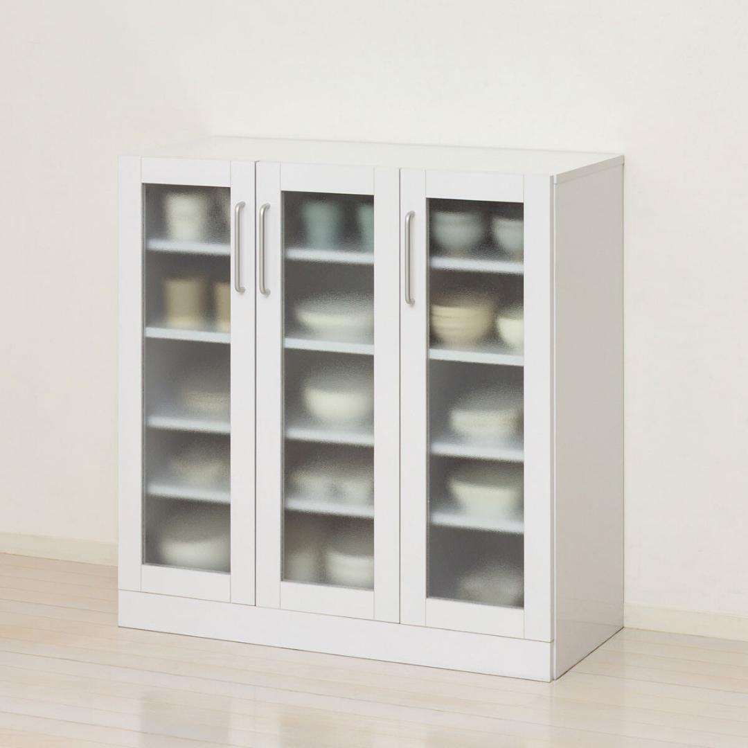 ヌーヴォー　食器棚　サイズ90-90　収納棚　鏡面メラミン仕様　背面化粧仕上げ