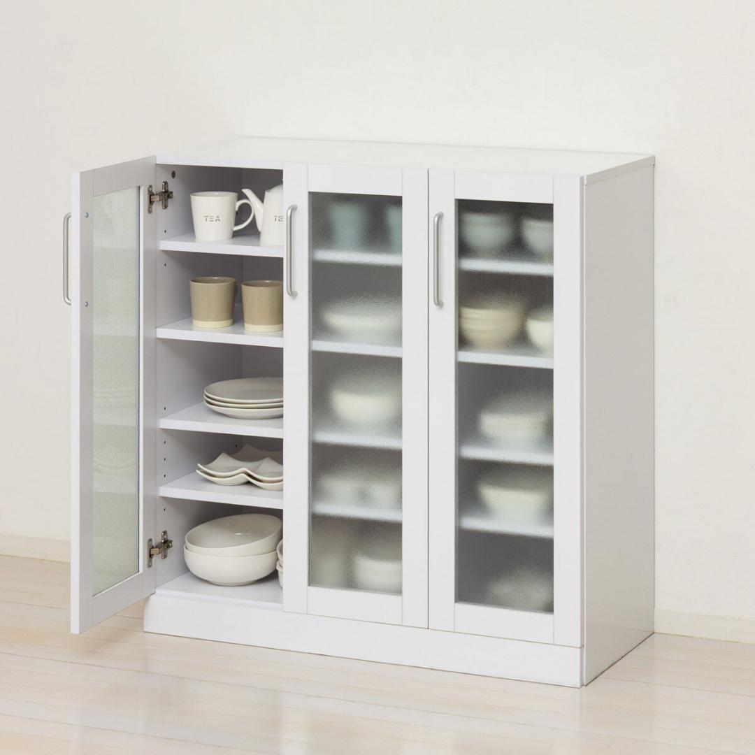 ヌーヴォー　食器棚　サイズ90-90　収納棚　鏡面メラミン仕様　背面化粧仕上げ