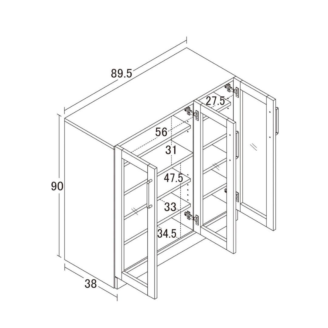 ヌーヴォー　食器棚　サイズ90-90　収納棚　鏡面メラミン仕様　背面化粧仕上げ
