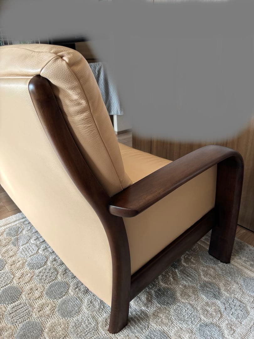 【送料込】カリモク 本革 レザー ハイバック3人掛 トリプル ソファ 木肘