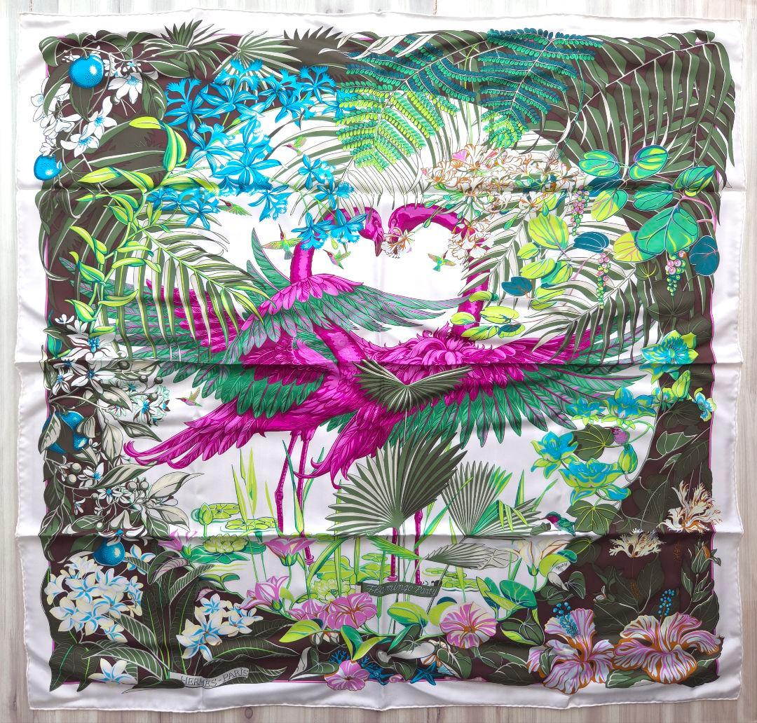 HERMES カレ90 フラミンゴパーティー ホワイト エルメス