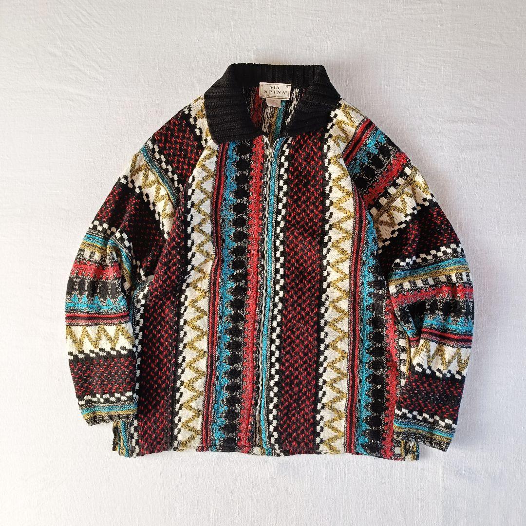 90s イタリア製 VIA SPINA 総柄 ストライプ ジップカーディガン