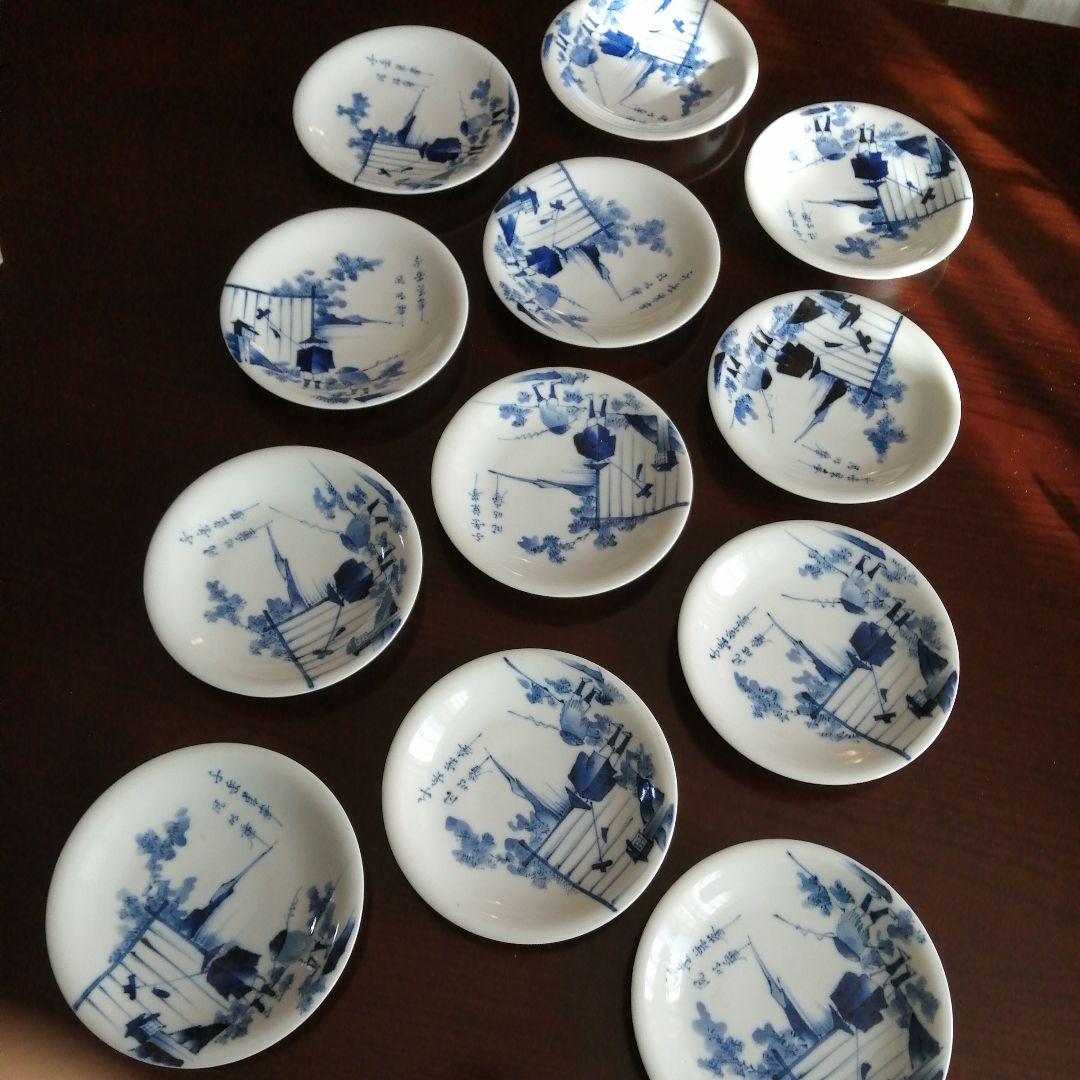 伊万里　染付旅人画皿　12枚　15.3cm　明治〜大正期