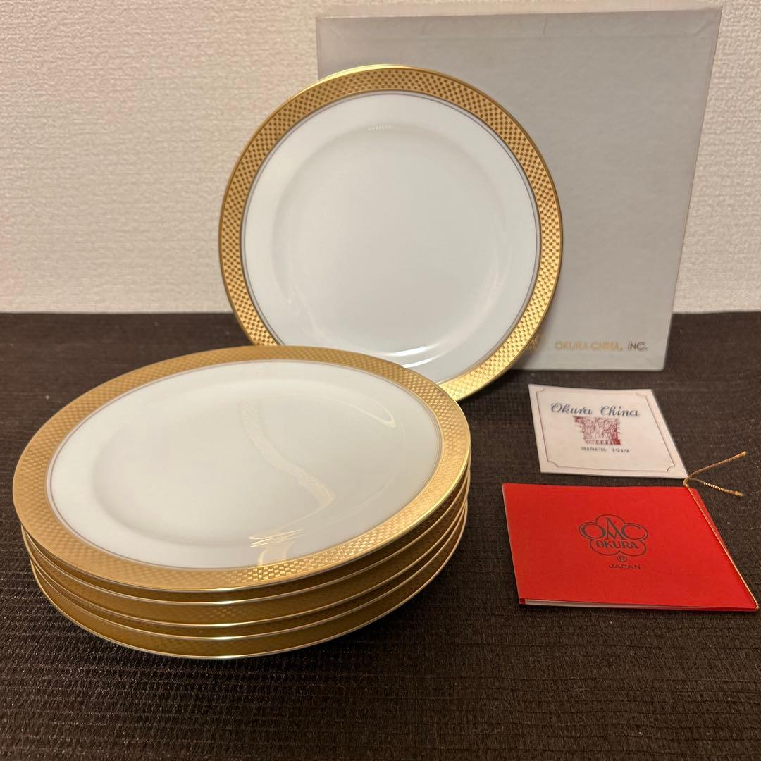 大倉陶園　金くさらし　金彩金蝕市松模様　デザートプレート　20.5cm