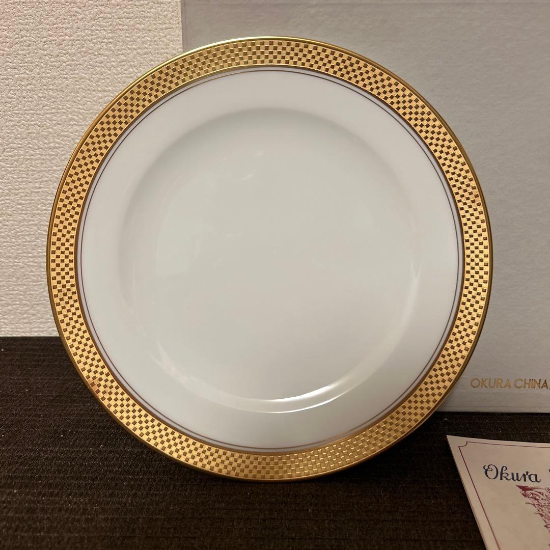 大倉陶園　金くさらし　金彩金蝕市松模様　デザートプレート　20.5cm