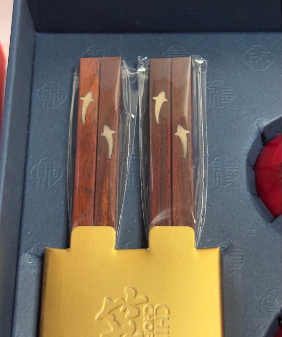 中国 足銀 999 魚 象嵌 木製 箸 猪口 セット