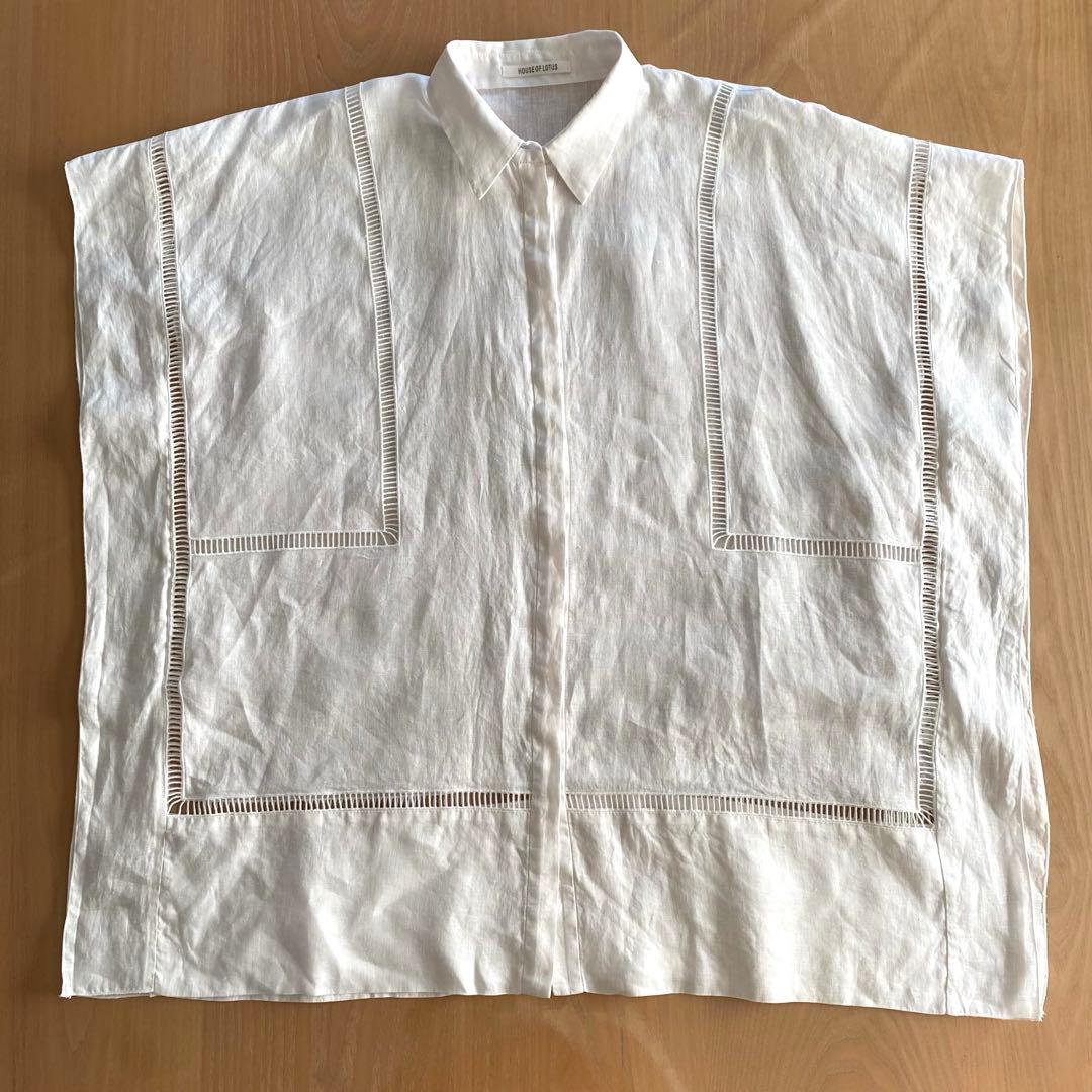 ハウスオブロータス　リネンハシゴ刺繍スクエアシャツ ブラウス　桐島かれん　白