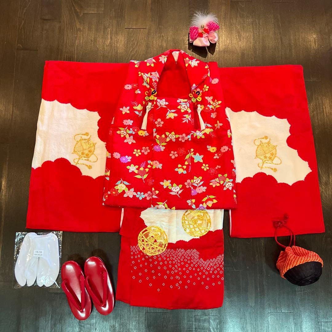 アンティーク 七五三 三歳 フルセット 着物 被布 小物一式 正絹 手鞠 赤