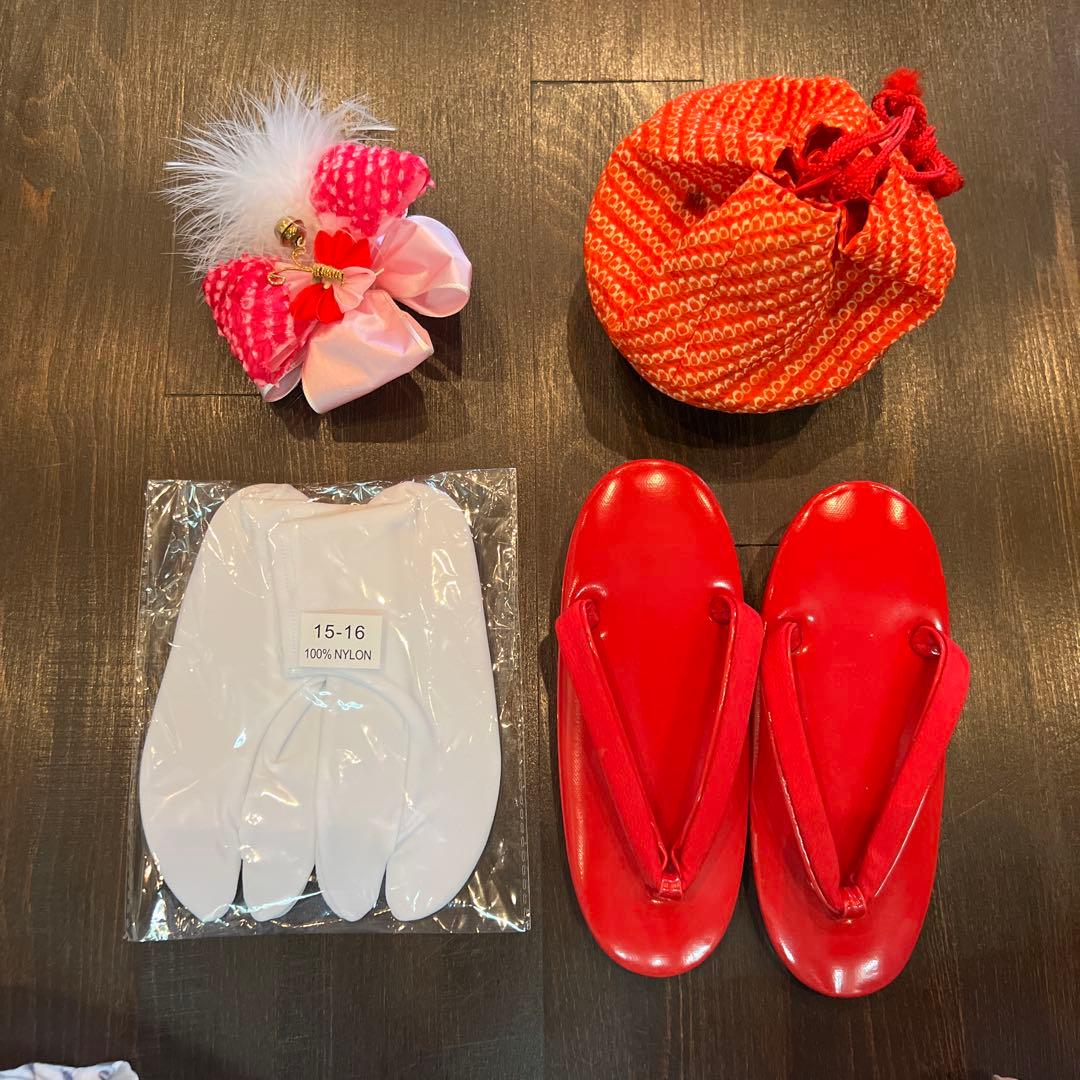 アンティーク 七五三 三歳 フルセット 着物 被布 小物一式 正絹 手鞠 赤