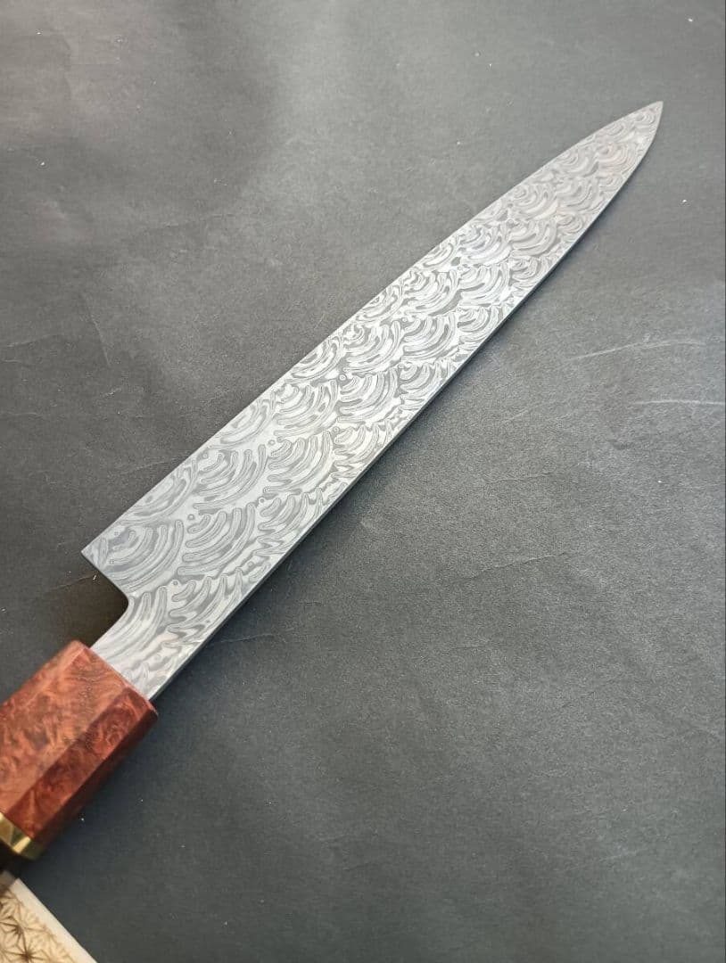 墨流しV金10号柳刃包丁285mm 黒檀花梨瘤八角柄