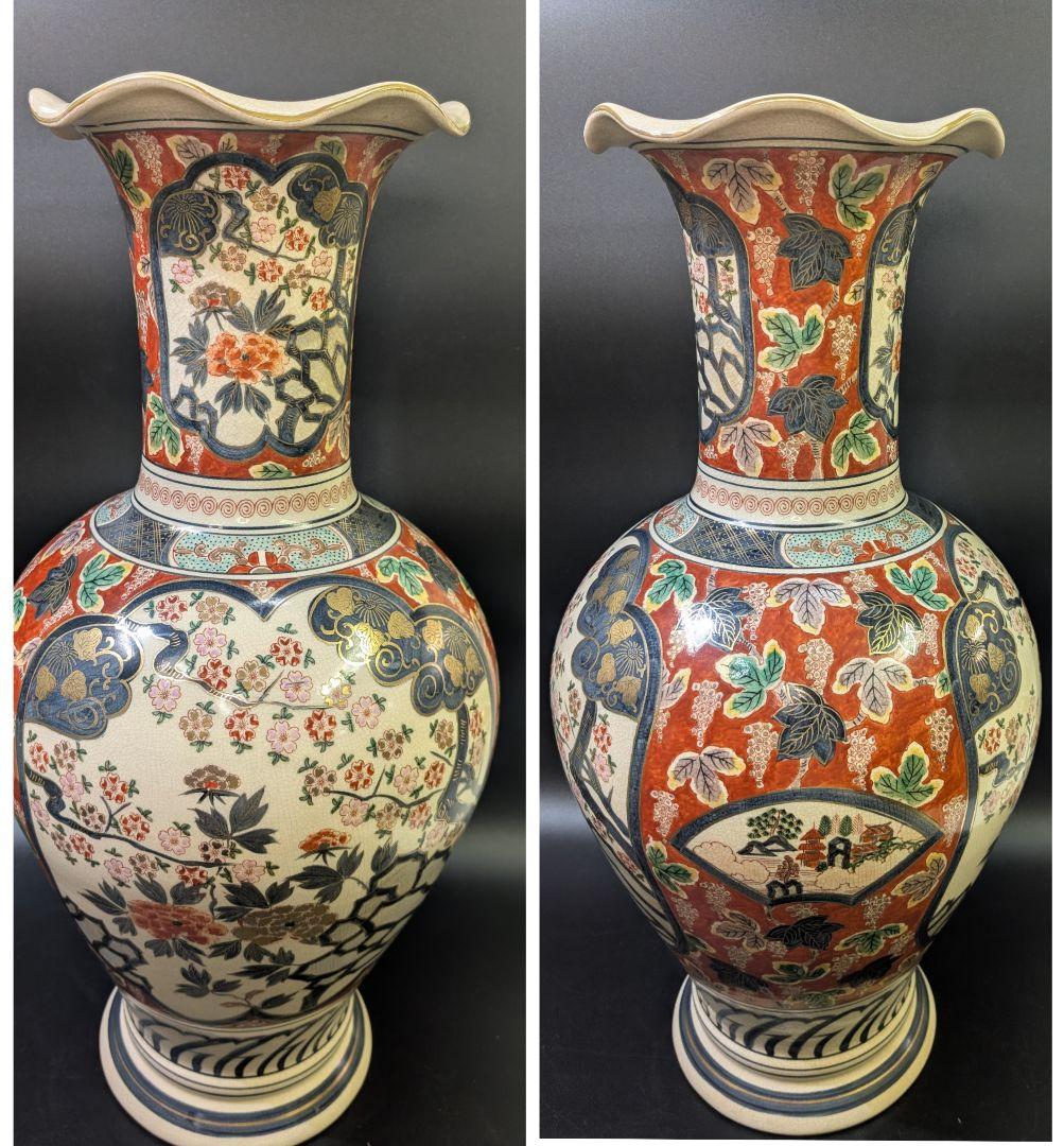 yos有田焼 時代 伊萬里 染錦花鳥図 飾壷 大花瓶 78cm 在銘 金彩