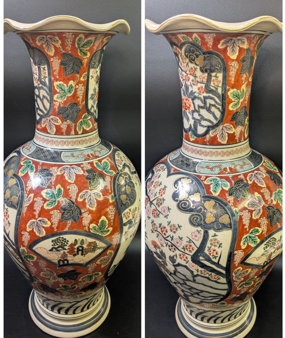 yos有田焼 時代 伊萬里 染錦花鳥図 飾壷 大花瓶 78cm 在銘 金彩