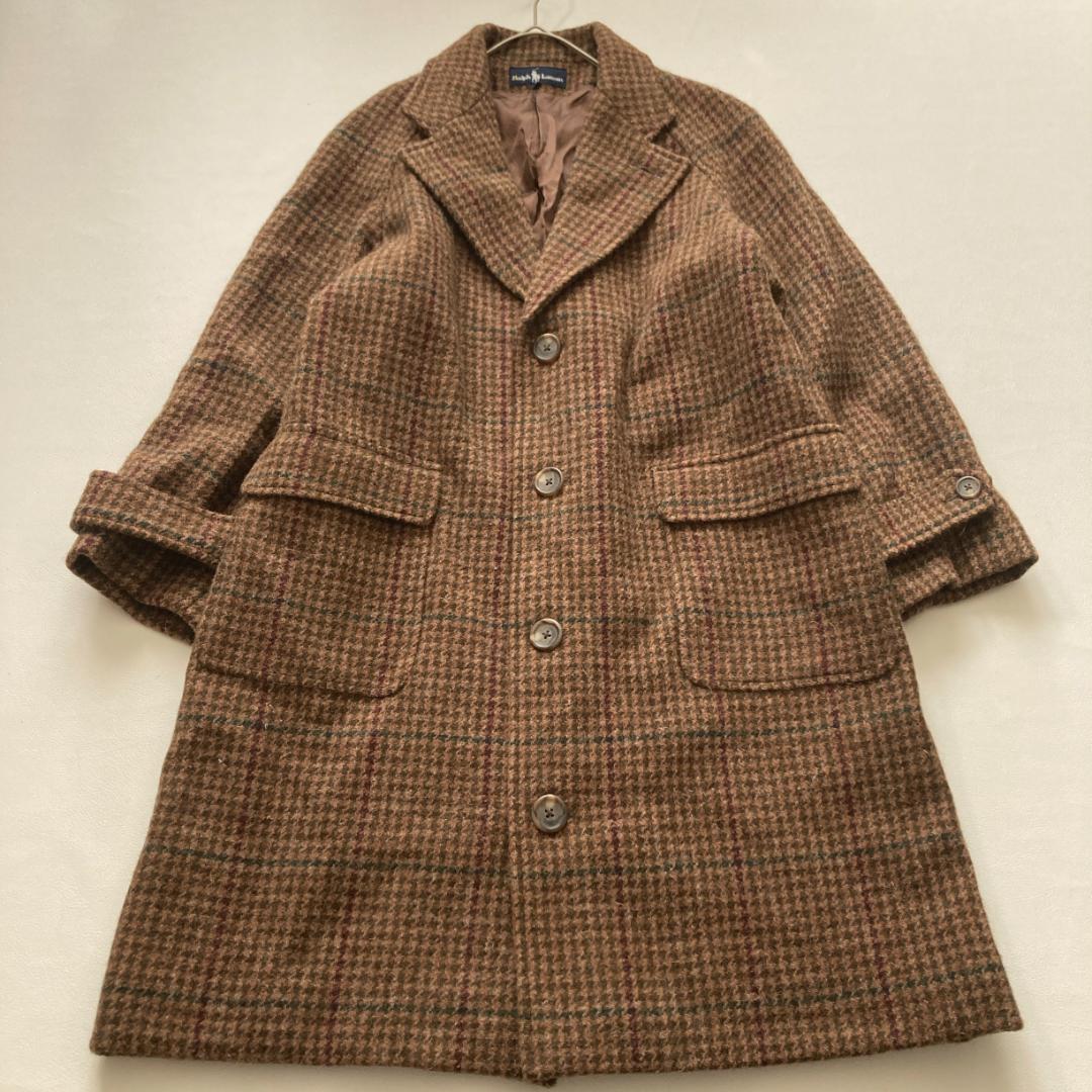 【希少ビンテージ】ラルフローレン　千鳥格子柄 ウール チェスターコート ブラウン
