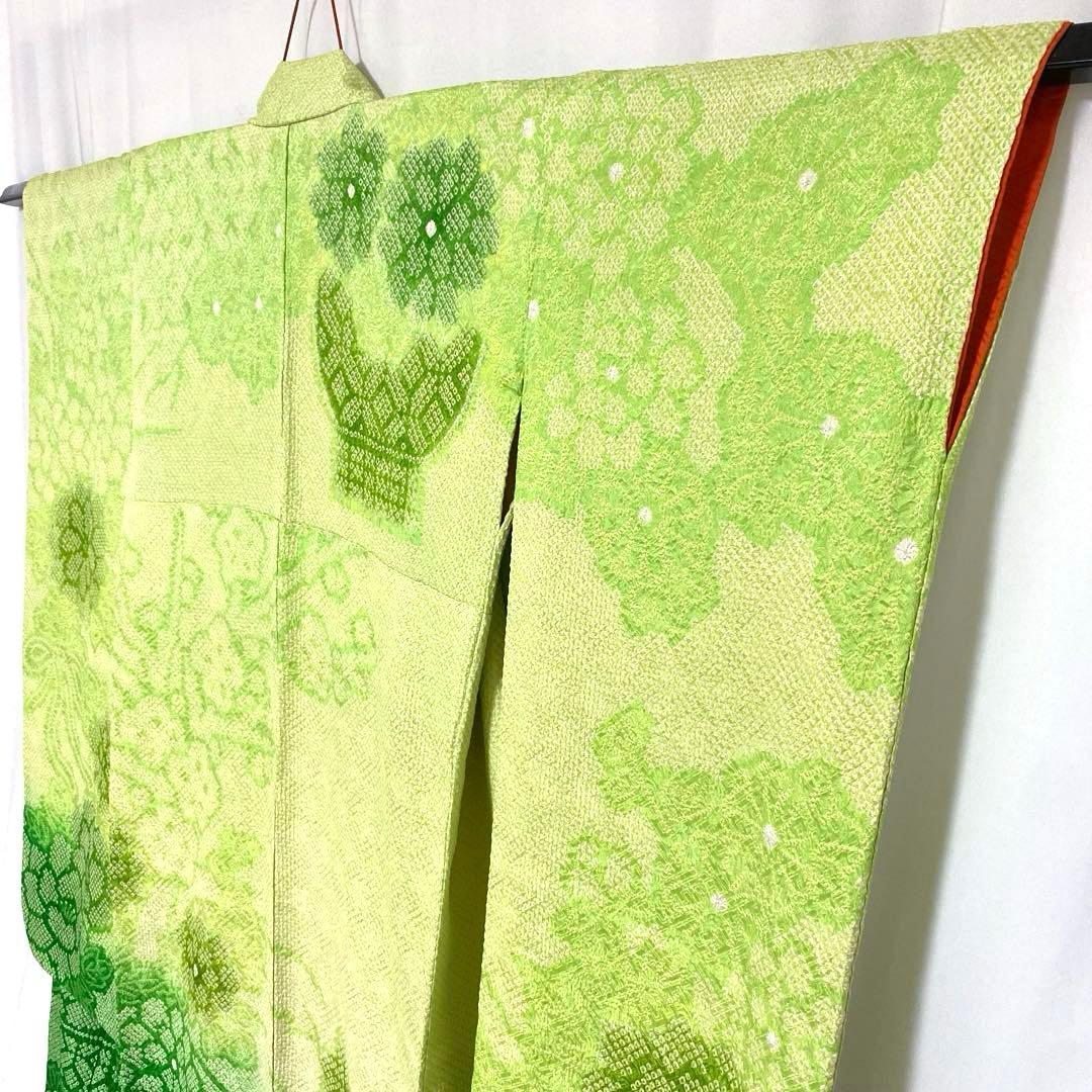 4k2291 振袖　正絹　袷　藤娘きぬたや　総絞り　緑　白　花柄