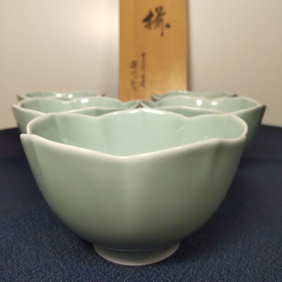 深川製磁 青磁 グリーン 桔梗 小鉢 輪花 花形