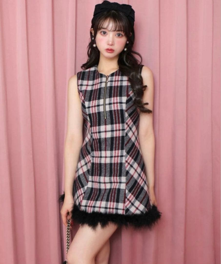 ワンピース M me eme Feather check flare one piece
