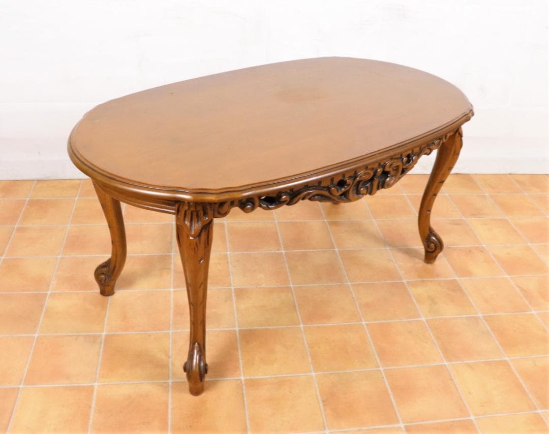 イタリア調 猫脚 彫刻 楕円 ローテーブル センターテーブル リビングテーブル机