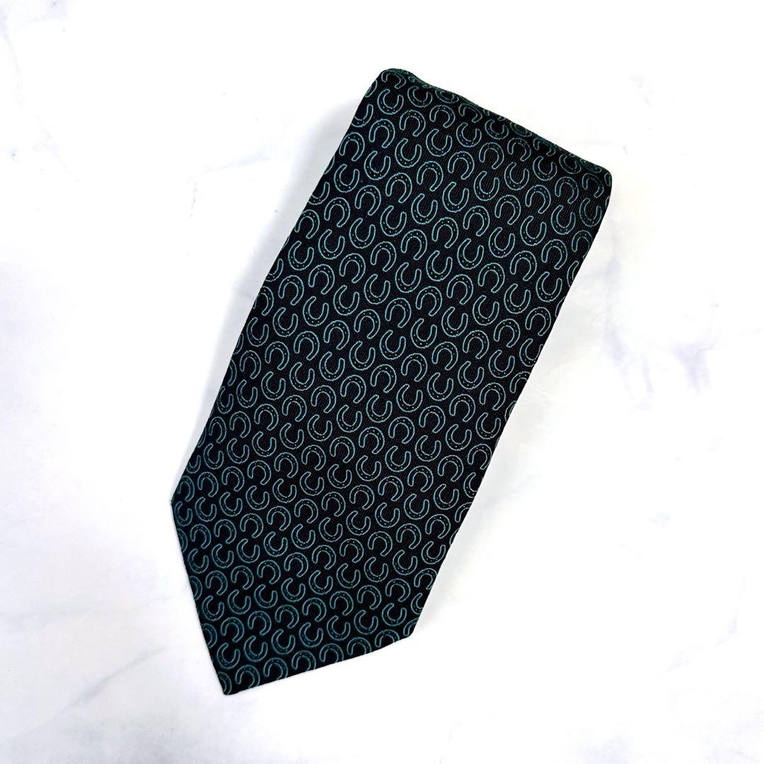 【 HERMES 】　馬蹄　黒　ホースビット　シルク　ネクタイ　エルメス　美品