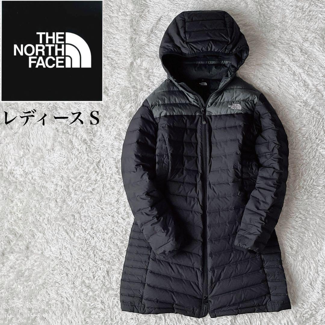 【美品】ノースフェイス ライトダウンコート フーディー ロゴ刺繍 グレー×黒
