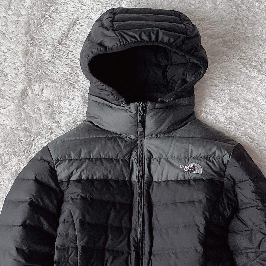 【美品】ノースフェイス ライトダウンコート フーディー ロゴ刺繍 グレー×黒