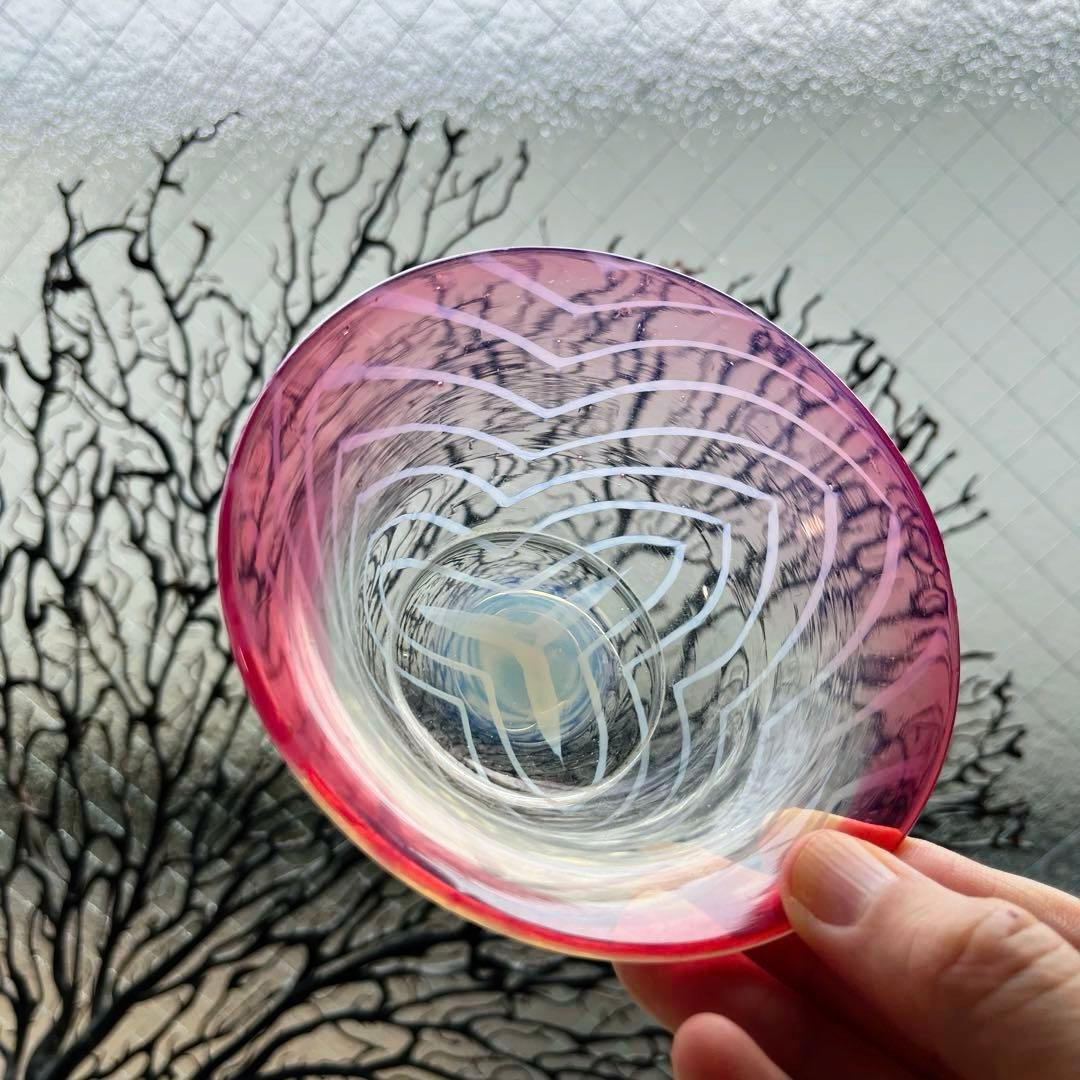 骨董　時代ガラス　超希少　金赤フチ　反り口　澤瀉紋　氷コップ　氷鉢　ウランガラス