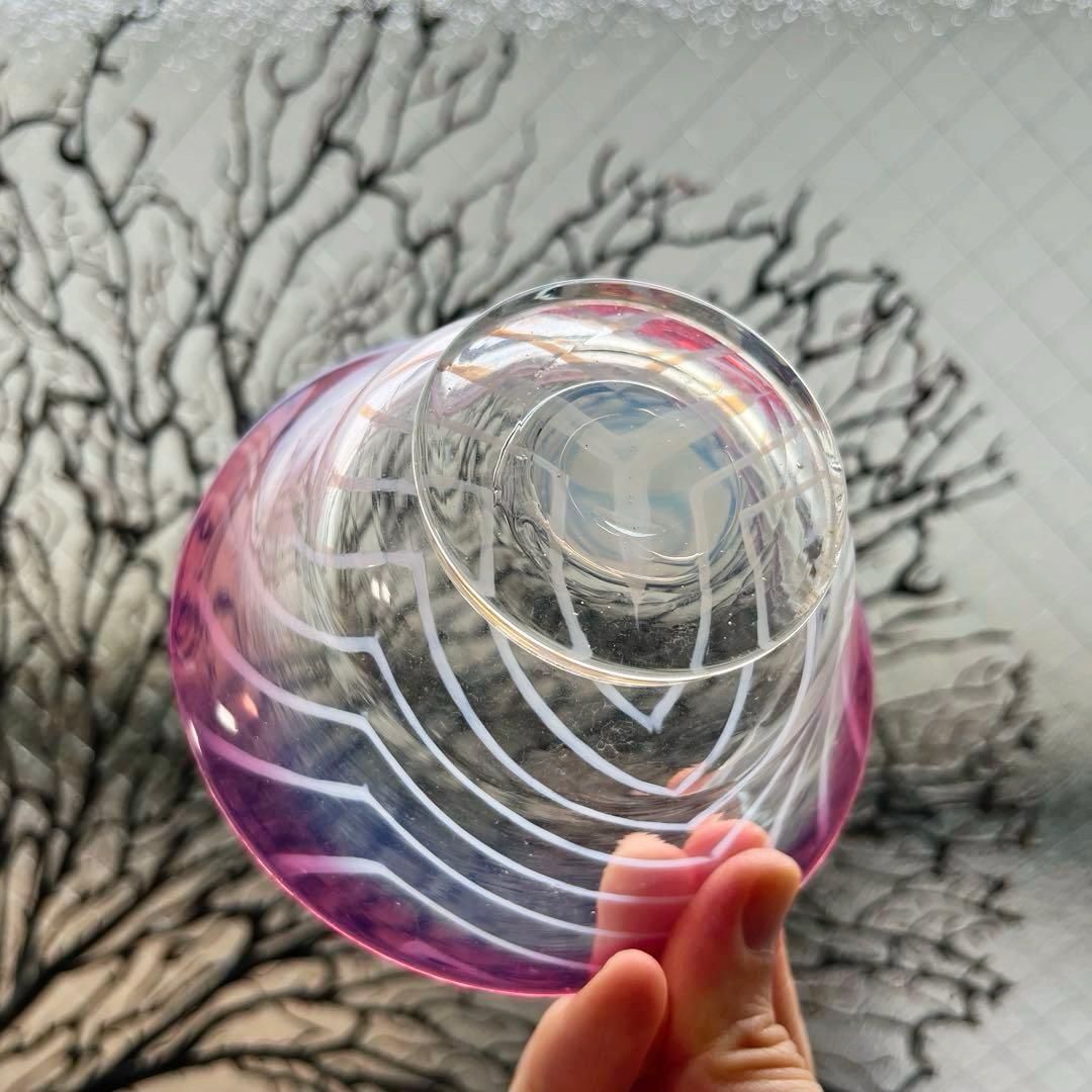 骨董　時代ガラス　超希少　金赤フチ　反り口　澤瀉紋　氷コップ　氷鉢　ウランガラス