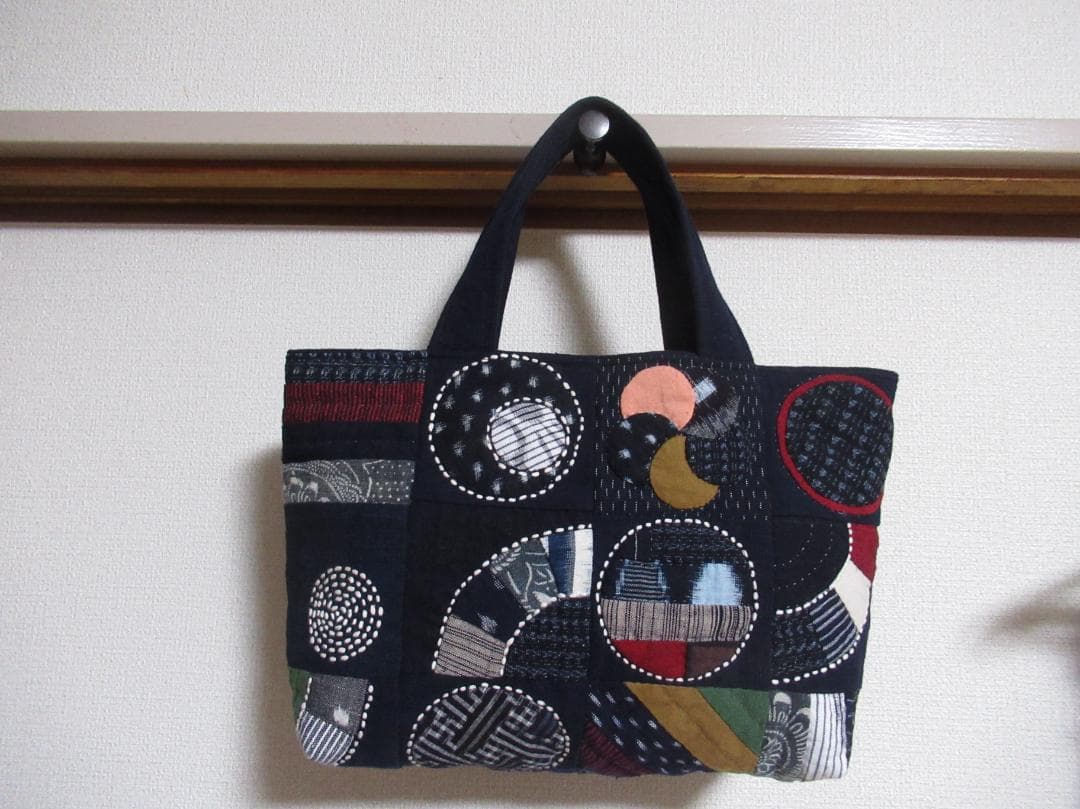 絣に刺し子のパッチワークバッグ　ハンドメイド