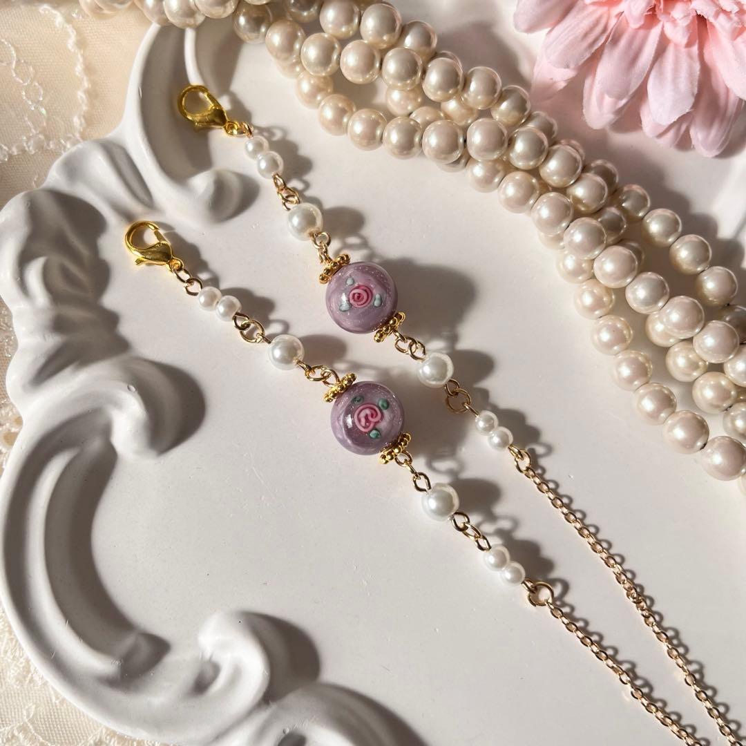 ♪❤️ ガラスビーズ　バラ　パール　メガネチェーン　　マスクチェーン