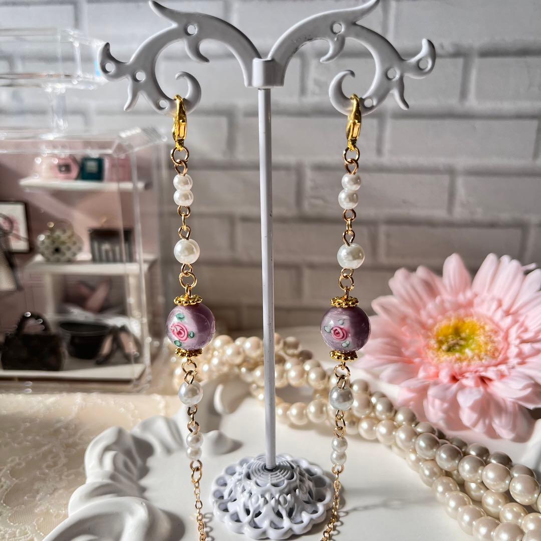 ♪❤️ ガラスビーズ　バラ　パール　メガネチェーン　　マスクチェーン