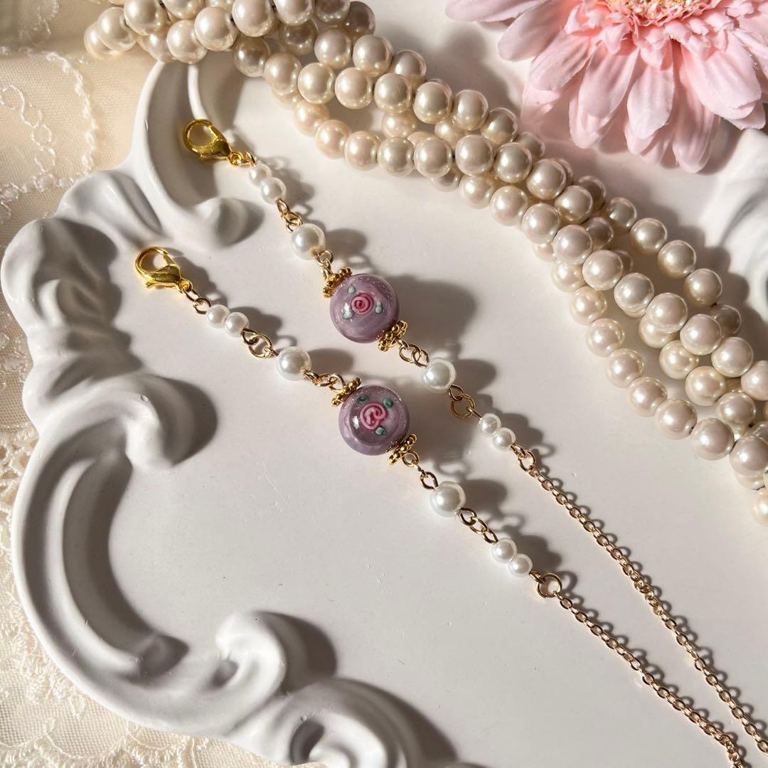 ♪❤️ ガラスビーズ　バラ　パール　メガネチェーン　　マスクチェーン