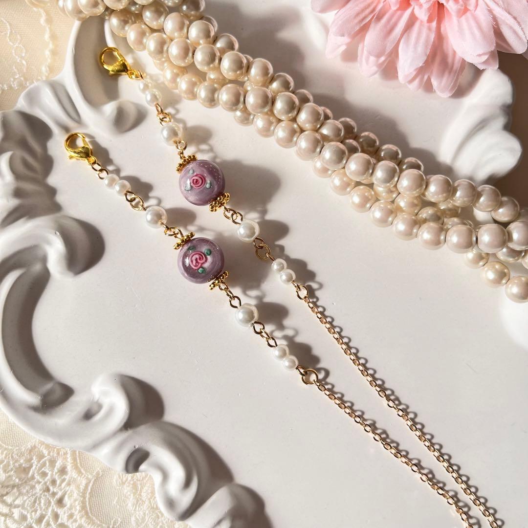 ♪❤️ ガラスビーズ　バラ　パール　メガネチェーン　　マスクチェーン