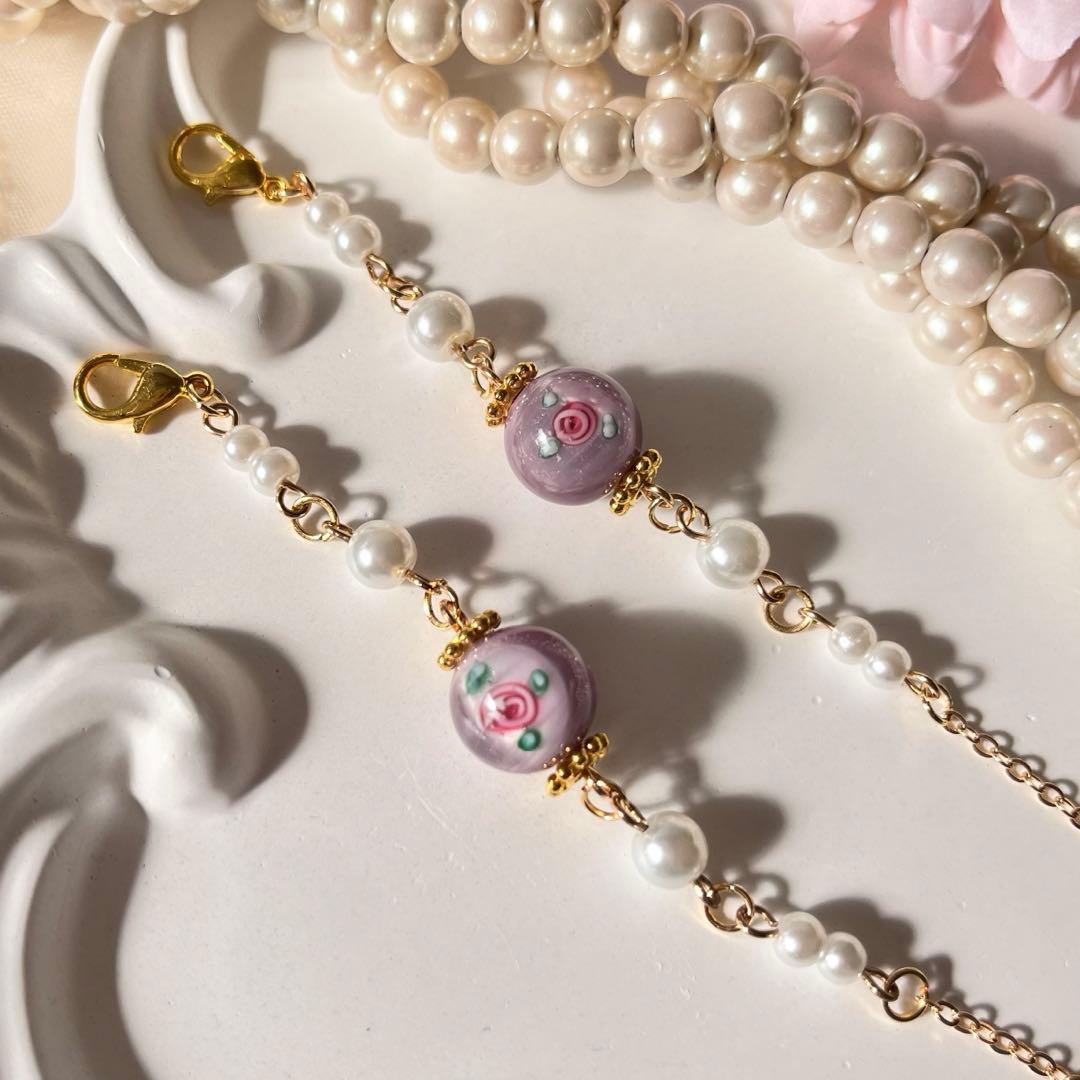 ♪❤️ ガラスビーズ　バラ　パール　メガネチェーン　　マスクチェーン