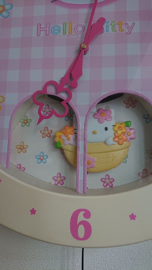 Hello Kitty 掛時計 ピンク チェック柄　カオハナ　振り子時計　稼働品