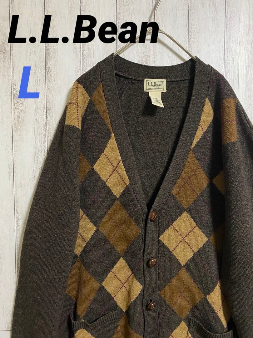 L.L.Beam カーディガン アーガイル柄 ブラウン レザーボタン 古着 L