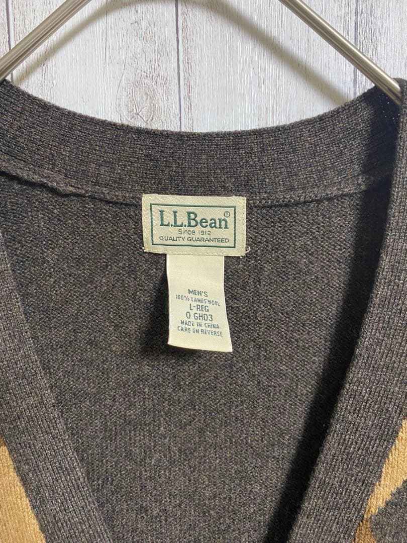 L.L.Beam カーディガン アーガイル柄 ブラウン レザーボタン 古着 L