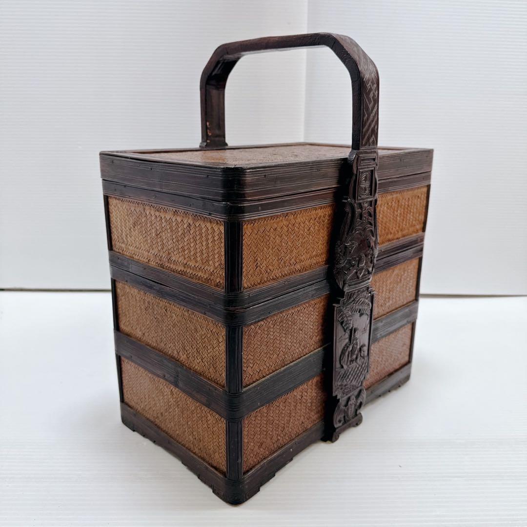 【煎茶道具】提籃籠 人物彫 提手 竹編 古美術 骨董