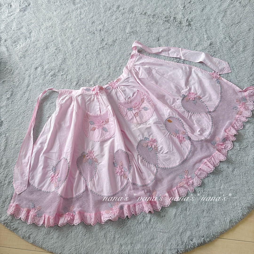 花×レース が美しい エプロン 前掛け ピンク 大人可愛い 華やか お花モチーフ