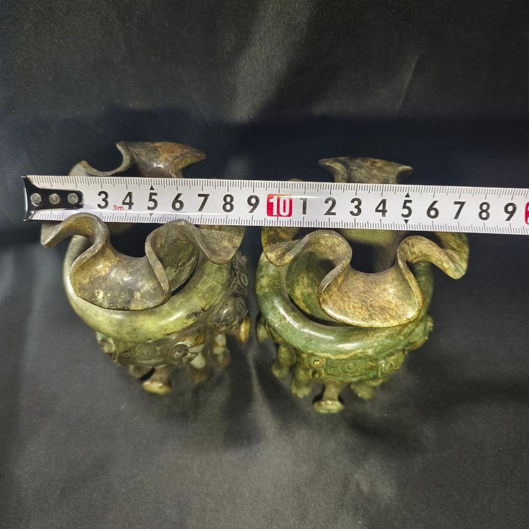中国骨董 玉香炉一対 天然石 遊環 四面神獣立像 手彫り 作家物 風水 古美術品