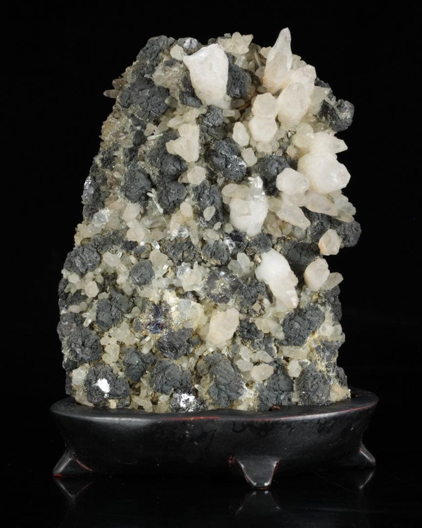 国産 白水晶クラスター 黄鉄鉱共生 青色虹彩 鑑賞石 原石 台座付 2166g