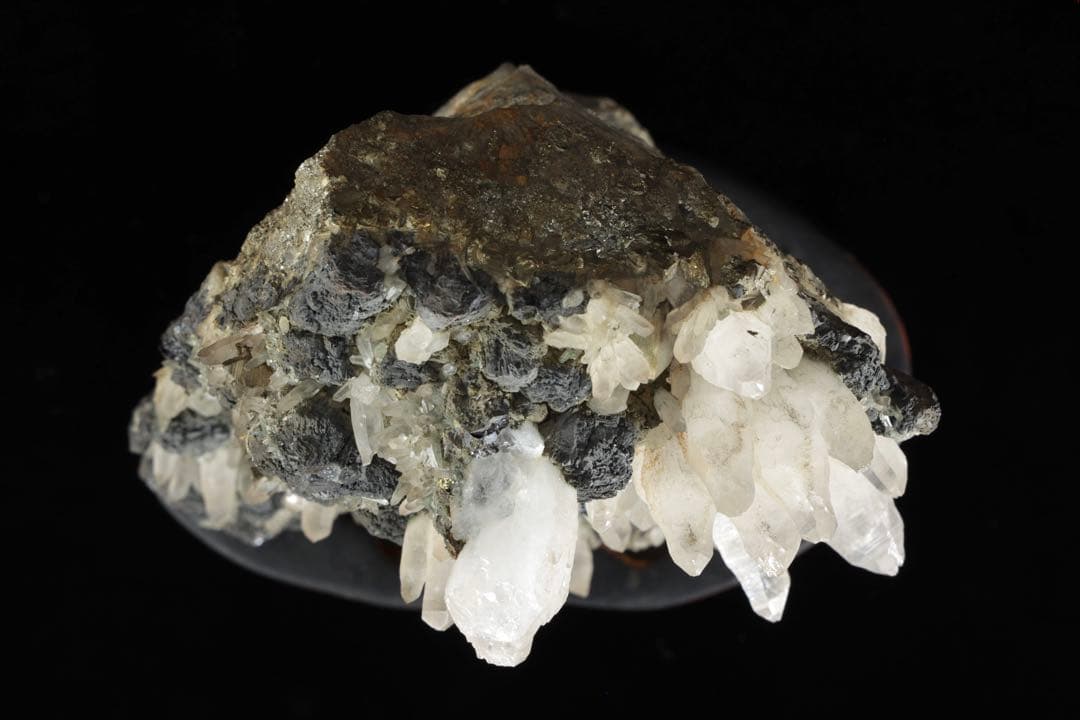 国産 白水晶クラスター 黄鉄鉱共生 青色虹彩 鑑賞石 原石 台座付 2166g