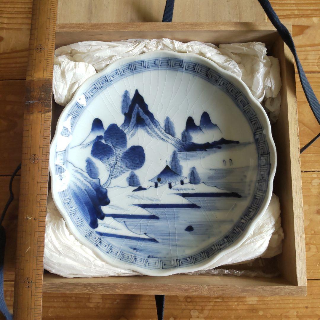 古伊万里 直径20cm 染付け山水紋 木箱付き