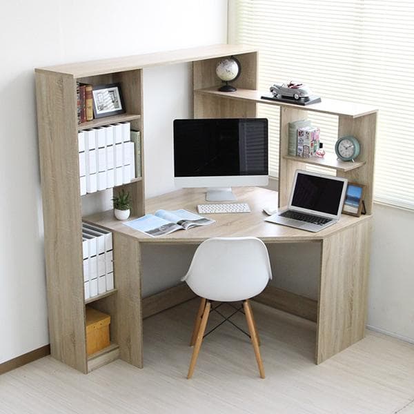 《新品・送料無料》パソコンデスク コーナー ハイタイプ 書棚付き オーク 北欧